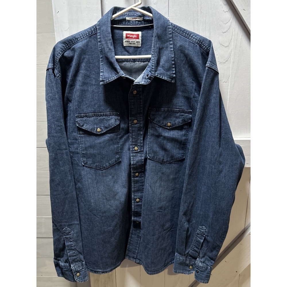 Wrangler Indigo Men's Denim Pearl Snap Shirt Western Long Sleeve Stretch Sz 2XL